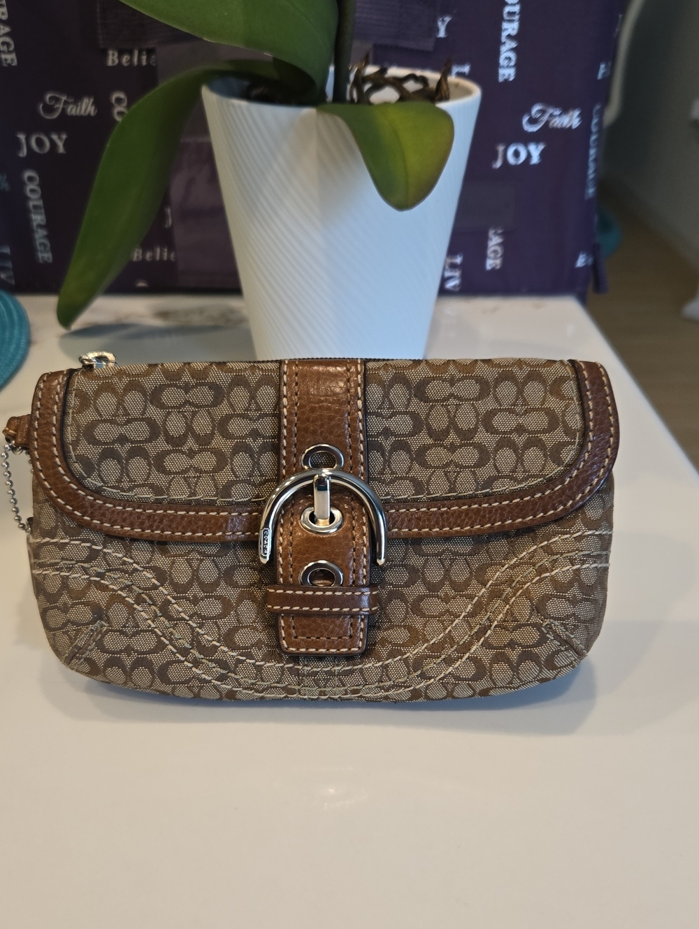 Coach Signature Canvas Wristlet in Brown and Tan
